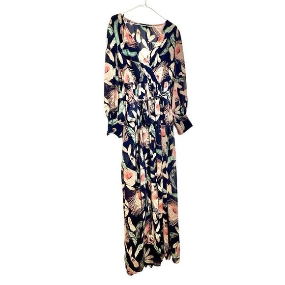 Miss Avenue Feather Print Tie Waist Long Sleeve Maxi Dress Multicolor Large - Picture 4 of 5